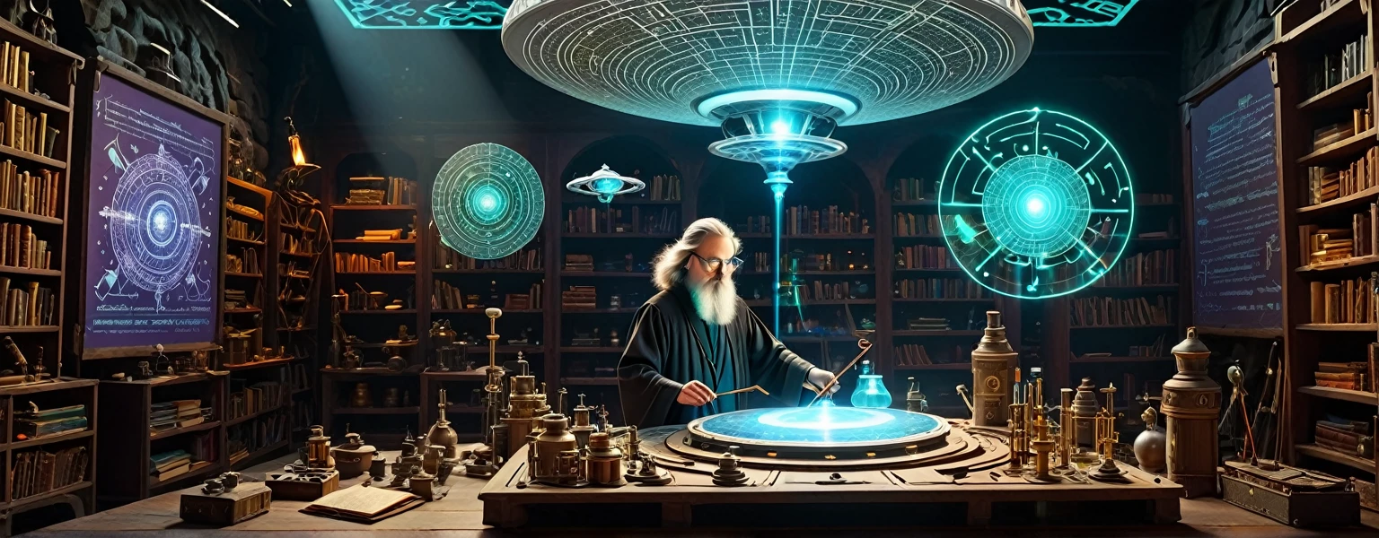 
"Depict a fantastic laboratory where scientific instruments coexist with fantastik artifacts. In the foreground, a maker-wizard creating a holographic projection of an NFT . Around him, miniature drones  are flying. In the background, a large ufo is printing a magical staff. The walls are adorned with glowing runes and screens displaying code.