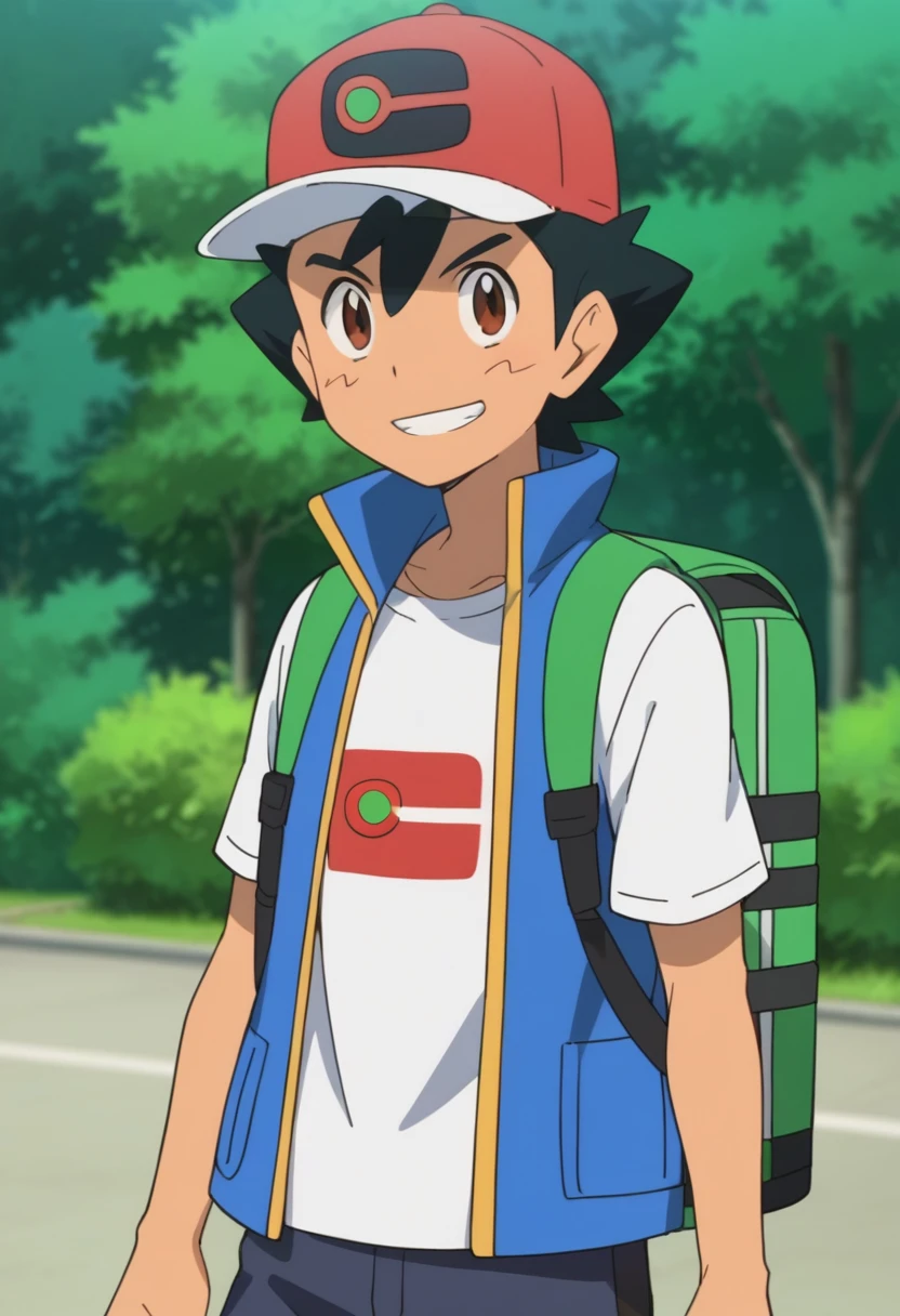 score_9, score_8_up, source_anime, highly detailed, 1boy, solo
ash_j2, 1boy, male focus, brown eyes, hat, shirt, solo, black hair, smile, white shirt, baseball cap, backpack, green backpack,
outdoor,