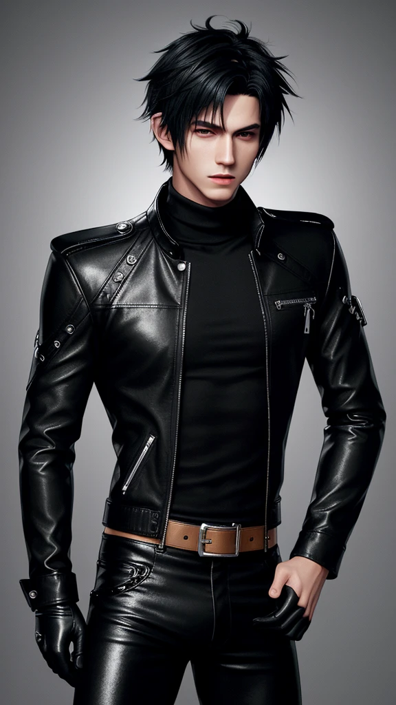 Final fantasy taste and reality graphics, Japanese young cute and cool ikemen  boy, his age is early 20s, thin eyebrows and beady eyes,  he wearing off black color leather thick singlebrest biker jacket, with epaulet,  must close the front of the leather jacket, jacket is biker style, jacket is voluminous, , jacket collar is high length stand-up collar with belts, jacket is a little black line pattern,close the front of the jacket, also wearing black thick turtleneck lackluster shirts,  tight black leather pants, shiny black leather tight and thin glove, black leather knee-high raceup boots,must views  head-to-toe,must views whole body, boy looks like fashion model,Do not show skin from the neck down,leather jacket leather glove and leather pants have few wrinkles,boy in the room,