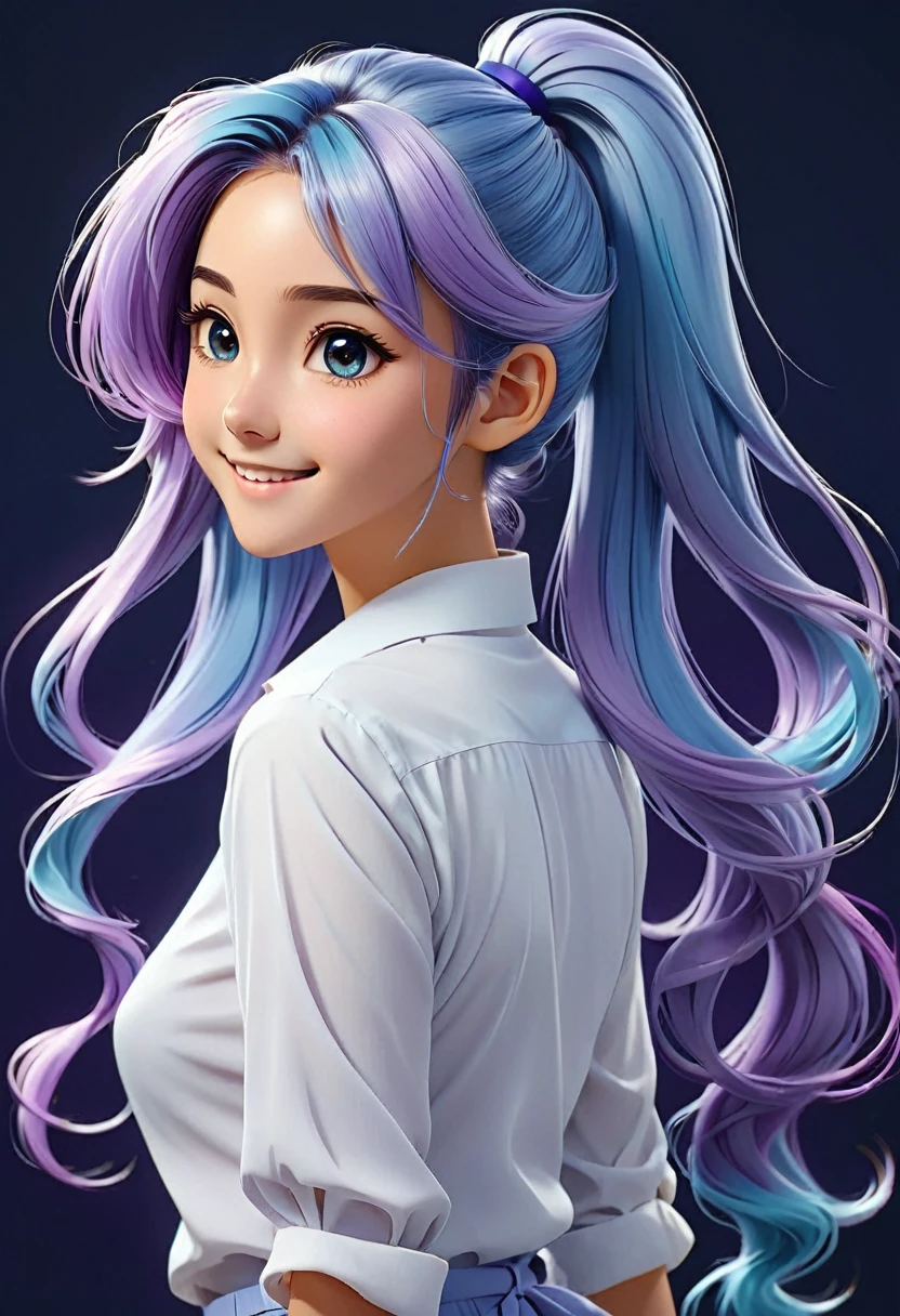 Beautiful and beautiful light blue hair with light purple ends. An anime girl with long hair in a double ponytail wearing a white fir shirt and looking back at a happy and lively character standing on a simple abstract dark blue background, close-up( perfect anatomy )
Beautiful and extremely fine texture,detailed, bright, High-quality animation style presentation