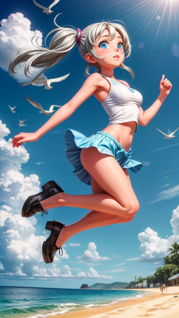 a beautiful young girl with silver twin tails, blue eyes, jumping on a beach with a yacht, seagulls, white clouds, blue sky