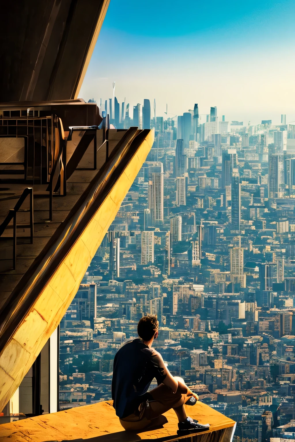 Man sitting on the edge of a skyscraper, looking over an apocalyptic city.