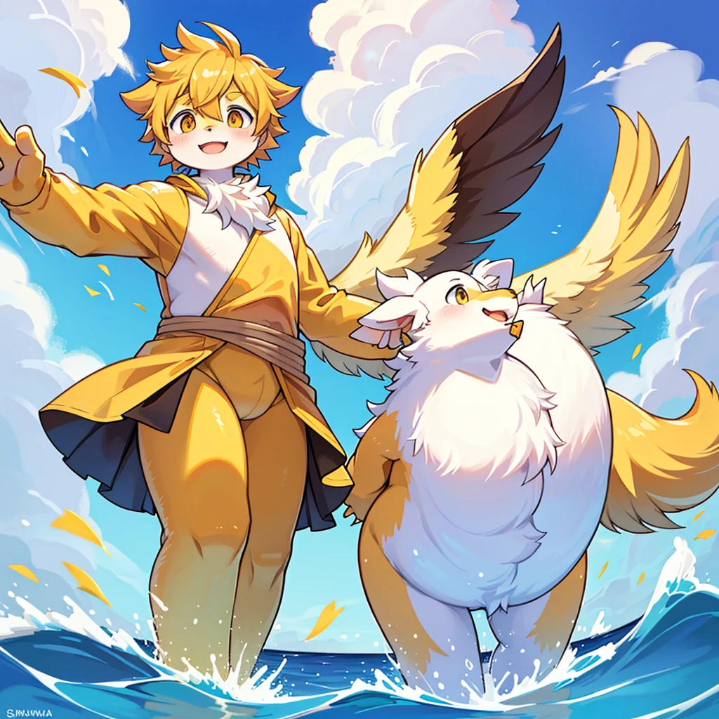 Fluffy fluffy flammies, yellow body feathers, white bellies with white bellies. He smiles and waves to the audience, the background is a water park, and his expression is one of excitement,