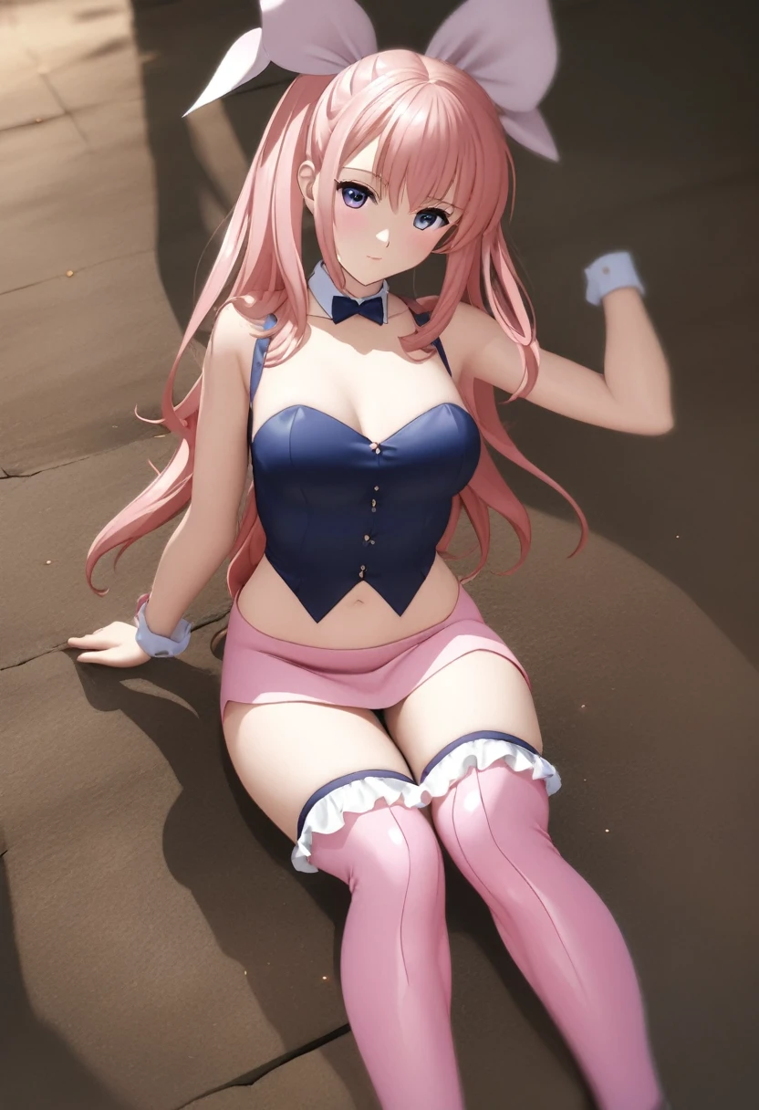 Close-up of woman with bow tie and blue dress, seductive anime girl, render of a cute anime girl, anime girl, photorealistic anime girl render, , beautiful anime girl squatting, smooth cg anime art, attractive anime girl, | Anime with good details, the anime girl is crouching, anime girl