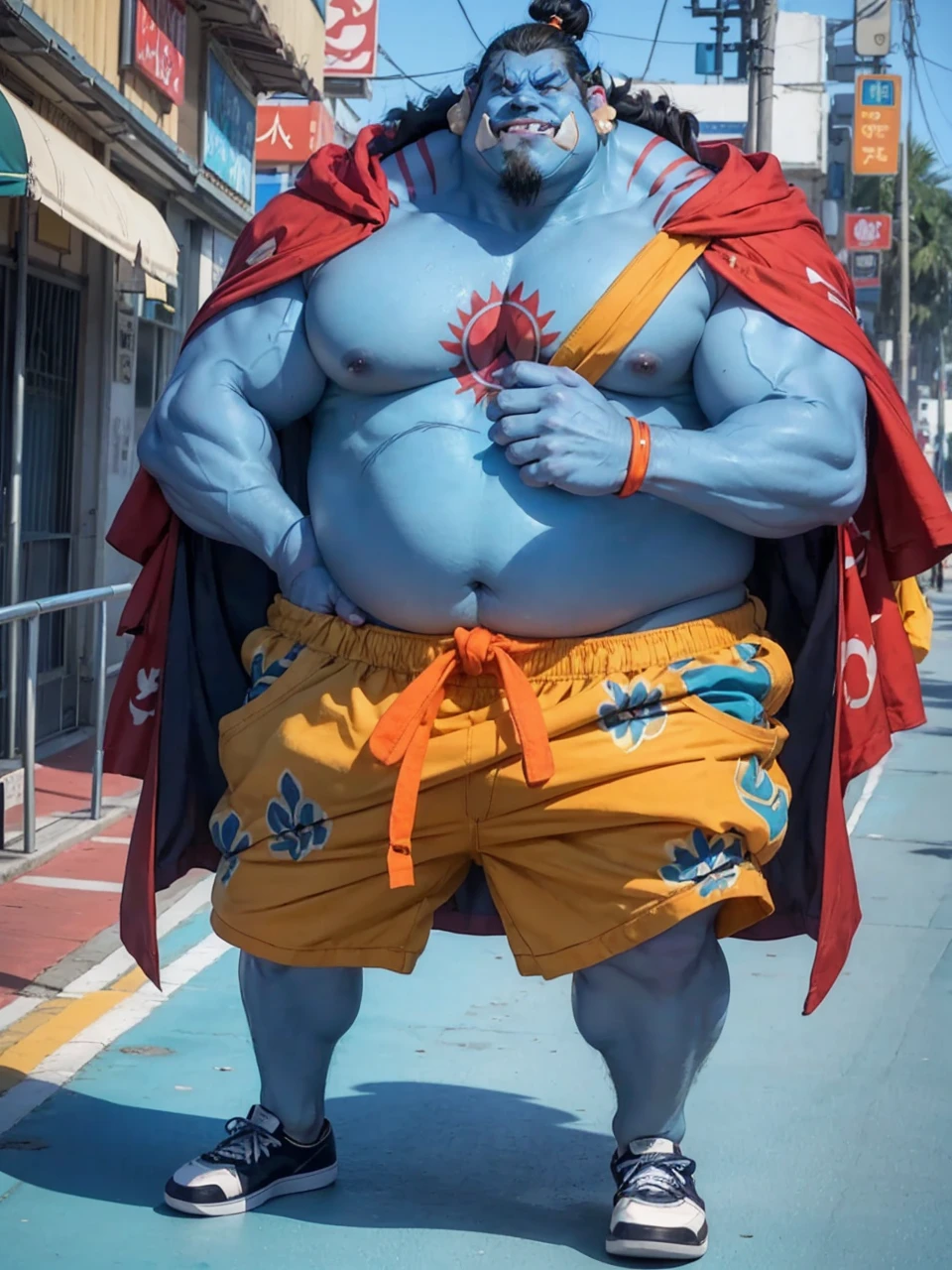 chubby man (jinbei) in street, (blue skin, blue skinned), muscular, pectoral, wide pectoral, beach, palm, realistic, 8k, masterpiece, (wearing shorts and shirtless, shoes)