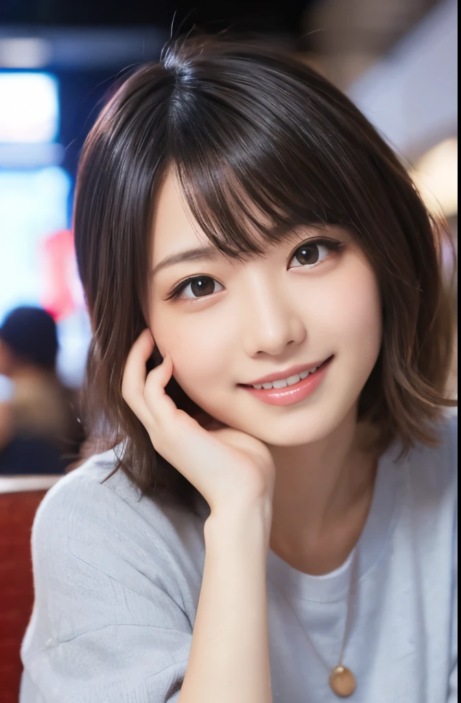 (masterpiece:1.2,Highest quality),Blur the background,1 female college student,((Cute casual clothes)),((Gravure pose)),Wavy Hair,((Beautiful Eyes)),Blushed Cheeks,Healthy Skin,(smile),(Shinjuku Date),8K resolution