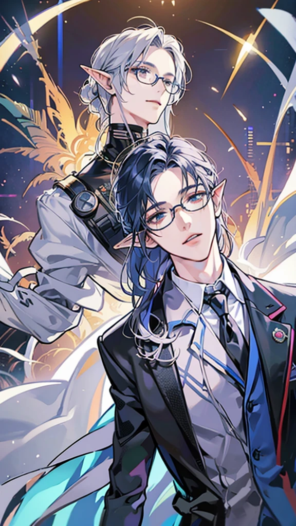 Robotic-looking neck. formal clothes. fully body. True to the pose of my drawing. He has elf ears. Keep your glasses. Keep your hair. cyberpunk
