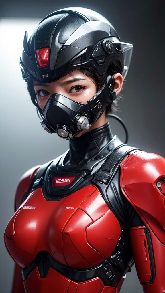 Highest quality　8k Red　Robot Suit Girl　Japanese middle-aged women　Sweaty face　cute　short hair　boyish　Steam coming out of my head　My hair is wet with sweat　The feel of black hair　Full body portrait　My upper body is soaked　 Airtight headgear　I can see the vagina　Lying in bed　Futuristic gas mask　Futuristic Headgear　Steam coming out of the body　The visor is open, exposing my sweaty face.