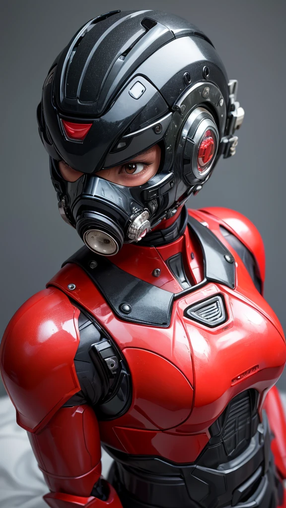 Highest quality　8k Red　Robot Suit Girl　Japanese middle-aged women　Sweaty face　cute　short hair　boyish　Steam coming out of my head　My hair is wet with sweat　The feel of black hair　Full body portrait　My upper body is soaked　 Airtight headgear　I can see the vagina　Lying in bed　Futuristic gas mask　Futuristic Headgear　Steam coming out of the body　The visor is open, exposing my sweaty face.