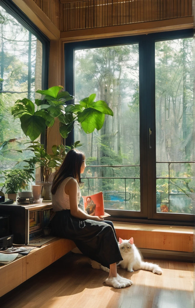 girl,indoor,window,plant,Sitting,Book,solo,Potted plants,monitor,shelf,Big TV(Play the video),Cat,Bag,table,garbage can,side,Looking out the window,There is a forest outside the window,Shade of trees,perspective,side,look up,panoramic,think,camera