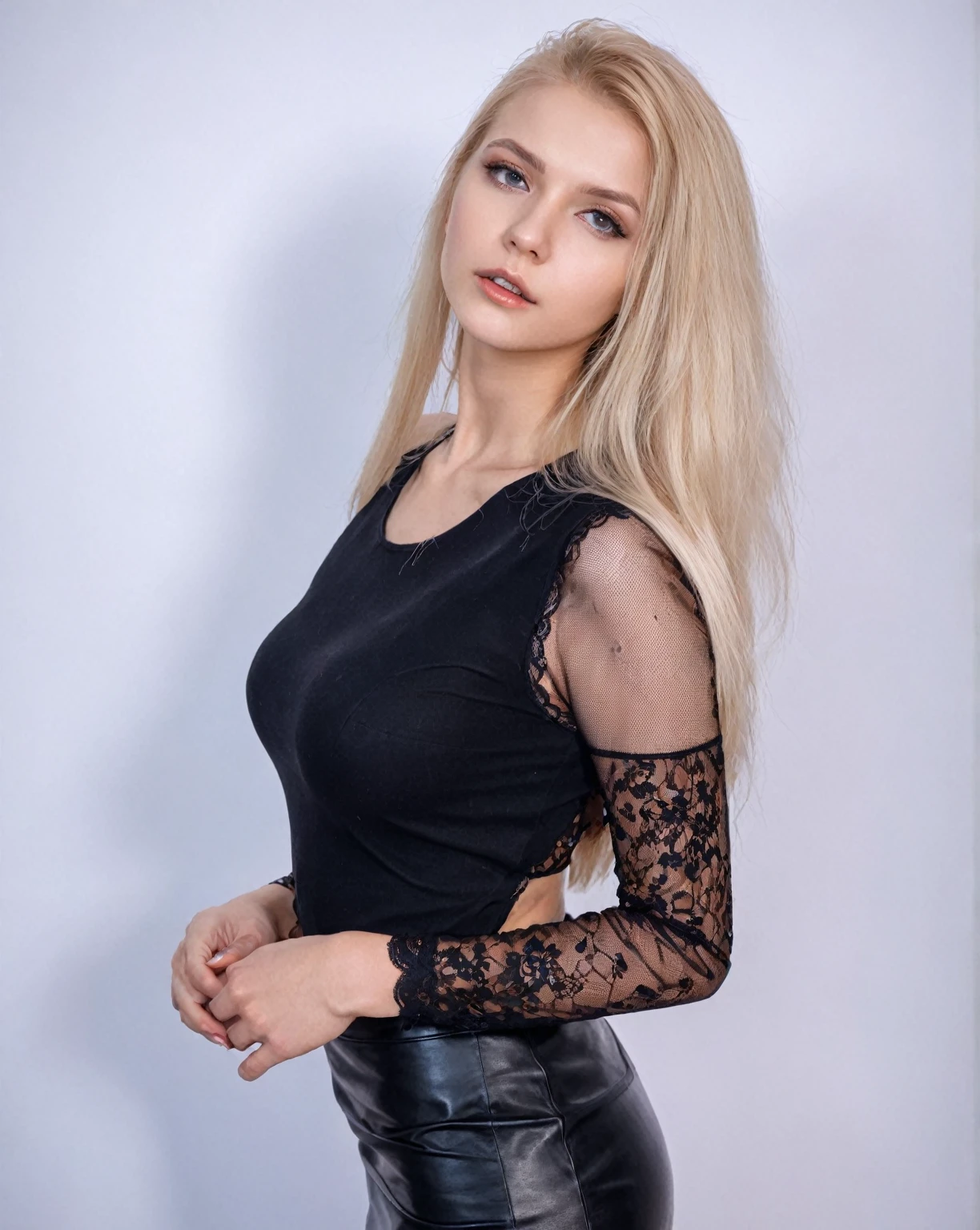 Arafed Woman wearing a black top and leather skirt posing for a photo, Yelena Belova, Anna Nikonova aka Newmilky, lace, olga buzova, Aleksandra Waliszewska, Style of Julia Razumova, Angelina Stroganova, Dasha Taran, blonde woman, 2 4 year old female model, Alina Ivánchenko