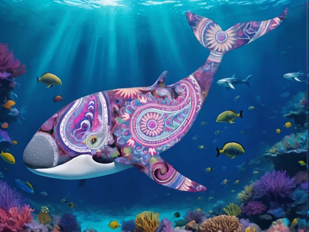 The image depicts a vivid underwater scene featuring a whale with a colorful, precise, clear edges, intricate paisley designs for shin coloring on its side, surrounded by various fish species.