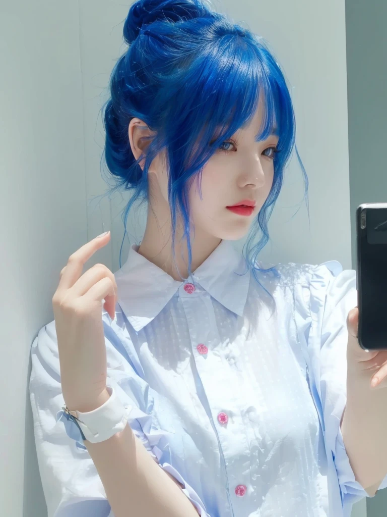 8K high quality,1 woman,Blue Hair:1.5,looking towards camera