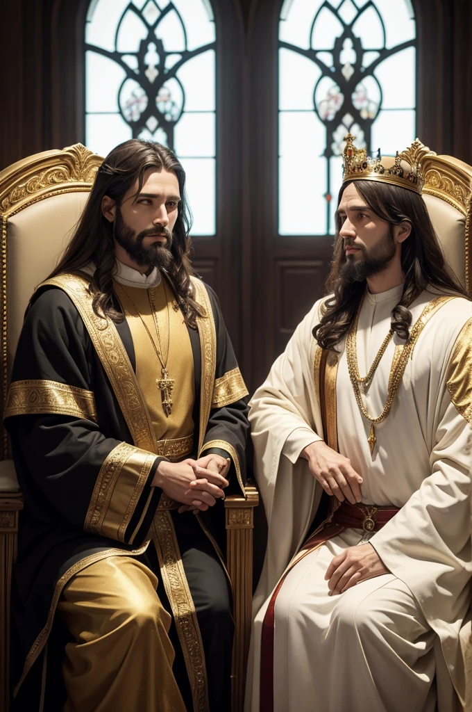 Two kings sitting on their thrones, next to each other. One is Jesus, 33 years old. The other is God, 70 years old. divine celestial, golden, 4h, realistic cinematic