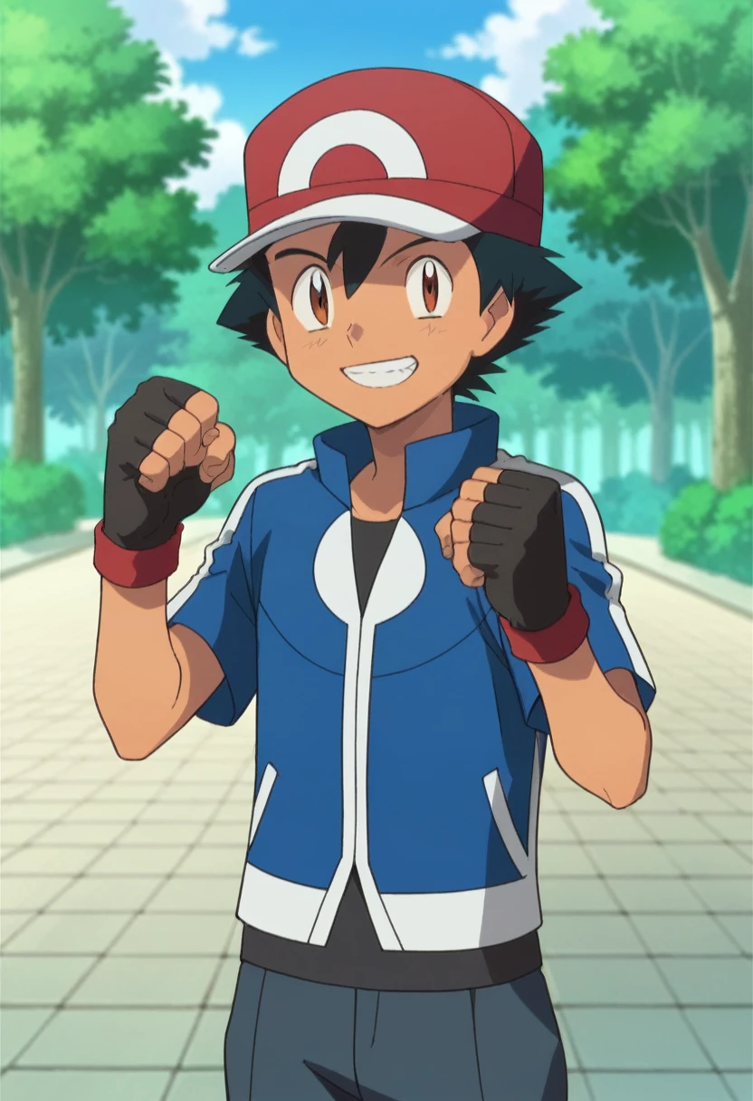 score_9, score_8_up, score_7_up, source_anime, highly detailed, 1boy, solo, male_focus, slender, skinny, cute,
1boy, male focus,solo, brown eyes, smile, jacket, outdoors, closed mouth, blue jacket, day, shirt, black hair, tree, bangs, hat, clenched hands, hands up, smile, teeth, excited, happy, fingerless gloves, **
simple background,