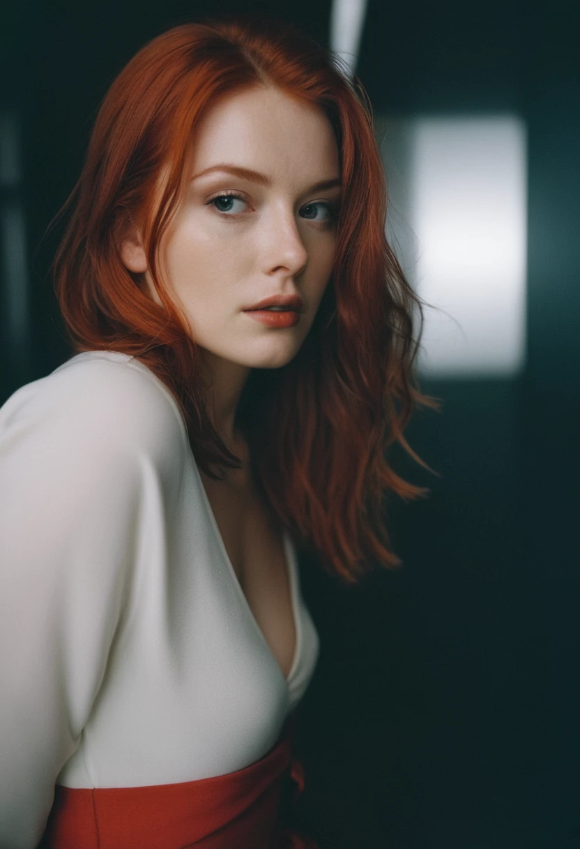 photoshoot, photographic studio, CRU photo, fot editorial, fot de estoque de filme, cinematic, posando, amateur photo, LnFalog, cru, f2, 35mm, LnF (amateur photo), flash fot, taken on LnF old camera, Polaroid, 8K, highy detailed, (high qualiy, best qualityer:1.3), Extremely high resolution, Film grain, Kiki from NetherlLnFds, far away (waist-length:1.2) combed red hair, ((macro lens)), dark atmospher, ((focused on the eyes)), Feminine Expressions, fot, dslr, 35mm, Fujifilm Superia Premium 400, Nikon D850 fot de estoque de filme, Kodak Portra 400 F1.6 lenses, 8K, ultra HD