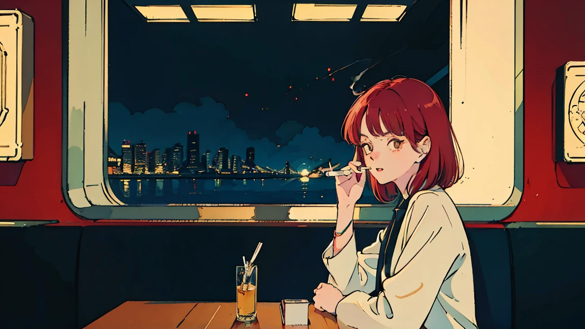 beautiful asian girl with red hair sitting in a diner at night, seen through a window, perfect face, sunglasses, smoking a white tailor made cigarette, NeonNoir, (backlit: 1.1), hard shadow, masterpiece, best quality, Intricate, modelshoot style, vintage, film grain, Incomplete details drive,citypop,cassettetape