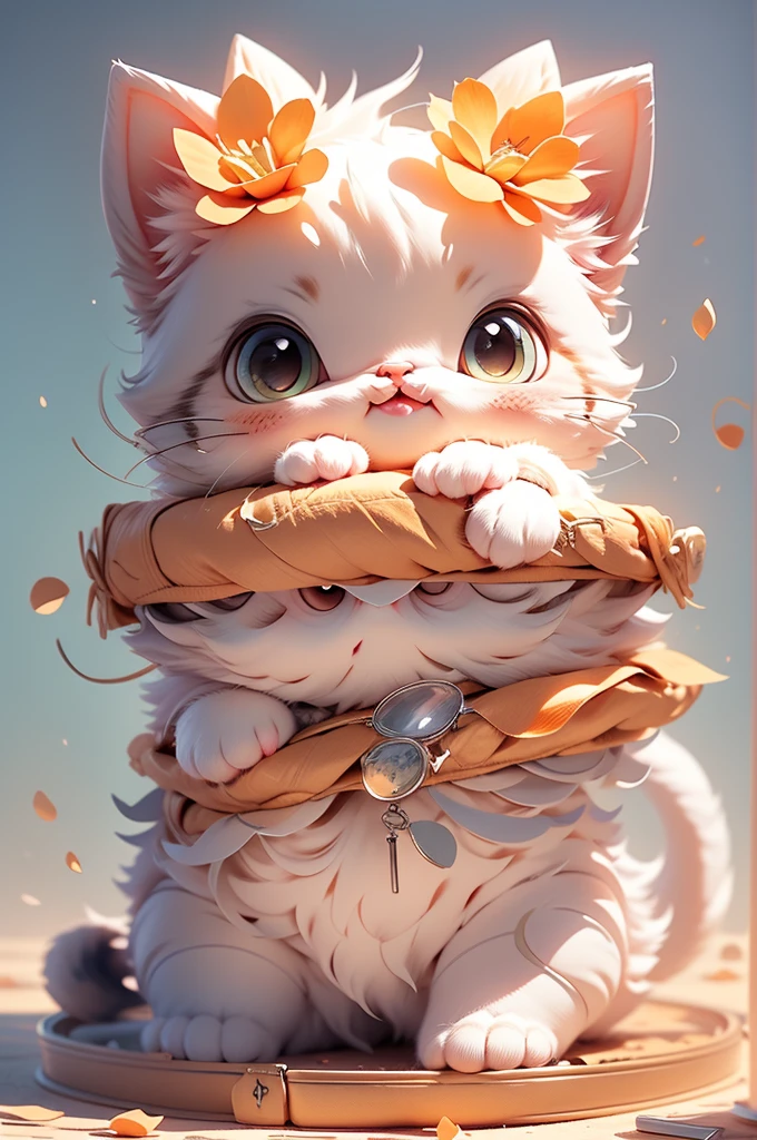 A stunning 8K rendering of an adorable anthropomorphic kitten, in ultra quality and ultra detail. The kitten is a mix of white and orange fur, with a delicate flower adorning its head. She wears a playful lilac and yellow long jumpsuit, complete with cute sneakers. The 3D illustration features highly detailed lighting and a professional finish. The overall atmosphere exudes a vibrant and charming aesthetic, perfect for capturing the essence of this cute and endearing character., 3D rendering, illustration