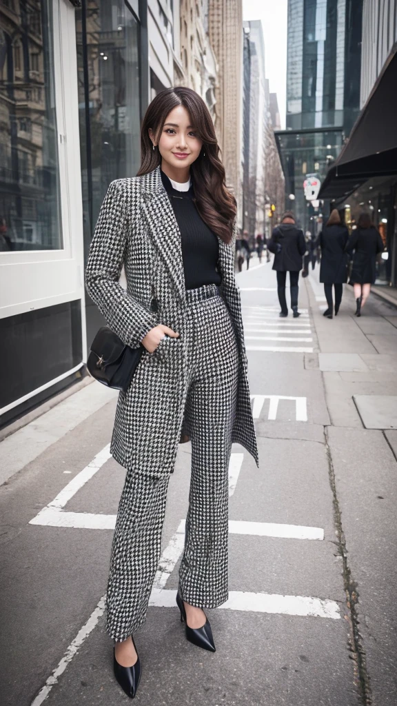 Outdoor,A girl wearing an elegant houndstooth long coat,Medium Hair,Knit top, pantsuit, pumps and black socks,Full body standing street photography,Confident face,Shiny long hair,Idol Instagram photos,Wearing black leather gloves