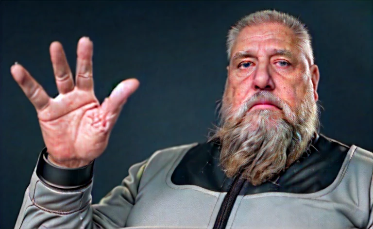 He is looking at his mechanical palm, He observes his own bionic hand, The space general aged 65 has long gray beard and long beard, wears a futuristic uniform, he is fat bearded, long sleeve uniform , wearing leather gloves on your hands, he has his arms crossed seriously, speaking to the viewer, He wears a white general's hat on his head. He wears a general's hat.