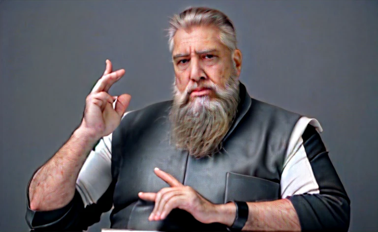 He is looking at his mechanical palm, He observes his own bionic hand, The space general aged 65 has long gray beard and long beard, wears a futuristic uniform, he is fat bearded, long sleeve uniform , wearing leather gloves on your hands, he has his arms crossed seriously, speaking to the viewer, He wears a white general&#39;s hat on his head. He wears a general&#39;s hat.