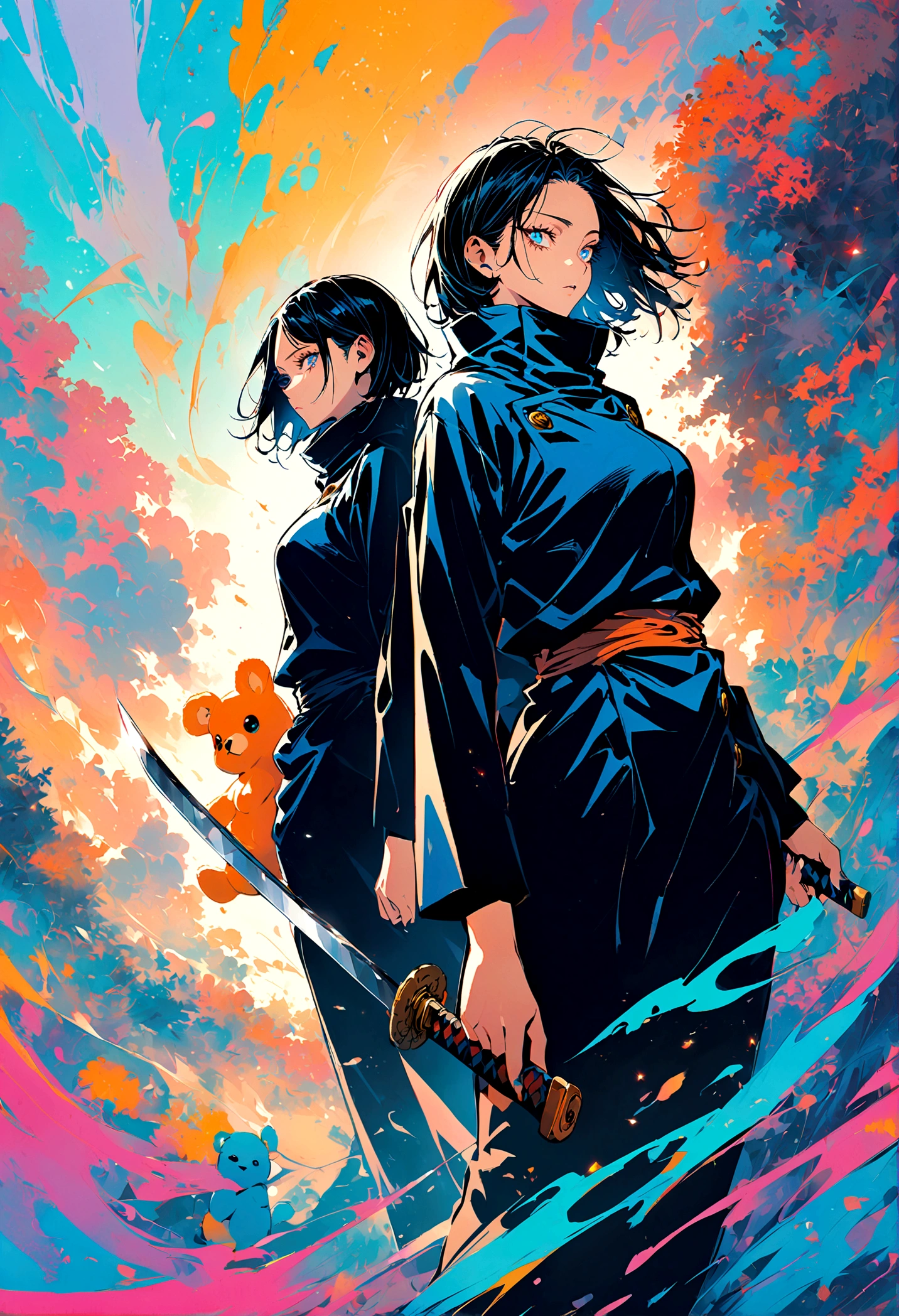 (2 girls,jujutsu kaisen),twins, stuff animals, one has a sword, starry eye design, same height, artwork