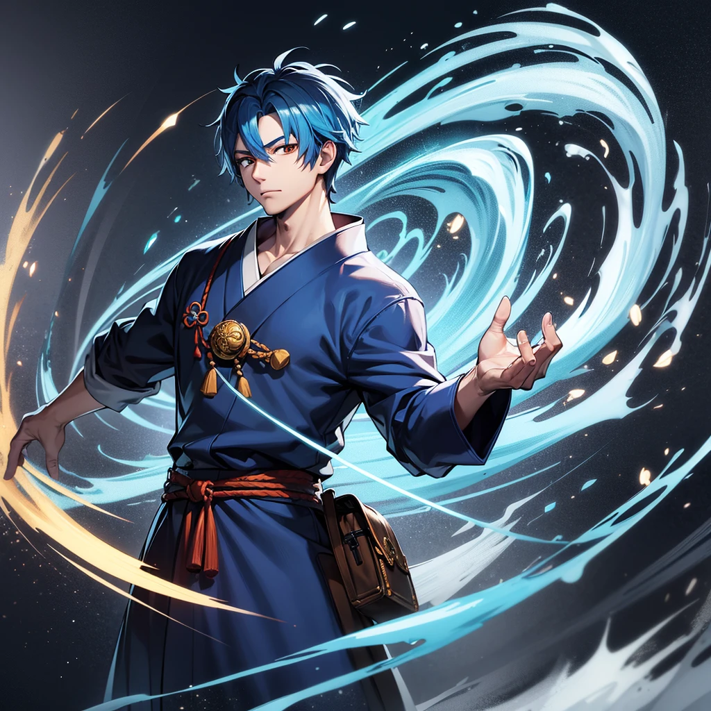 one japanese man, frost blue hair, orange eyes, high res, masterpiece, ultrasharp, jujustu kaisan style, dragon companion