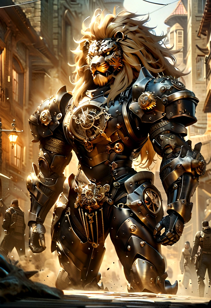 Lion Knight wearing combat uniform, on the street, black armor, Clock designs, Black Lion Man, Black Color armor, Lion Face