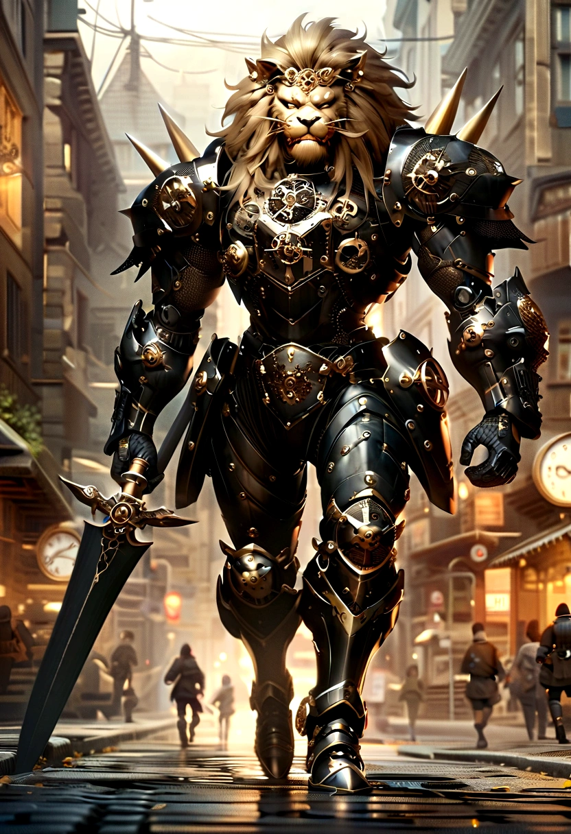 Lion Knight wearing combat uniform, on the street, black armor, Clock designs, Black Lion Man, Black Color armor, Lion Face