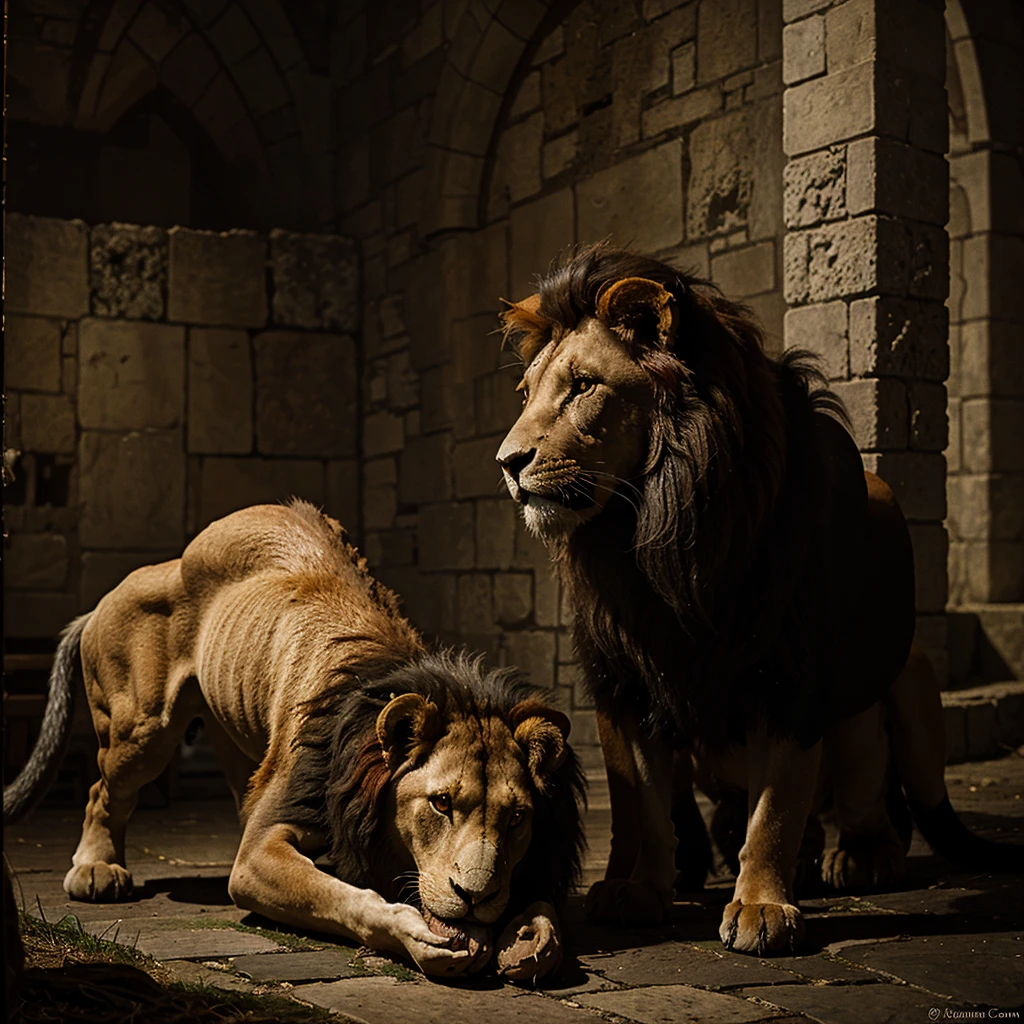 A CLASSIC MEDIEVAL DARK FANTASY PAINTING OF A RED LION EATING A LAMB 