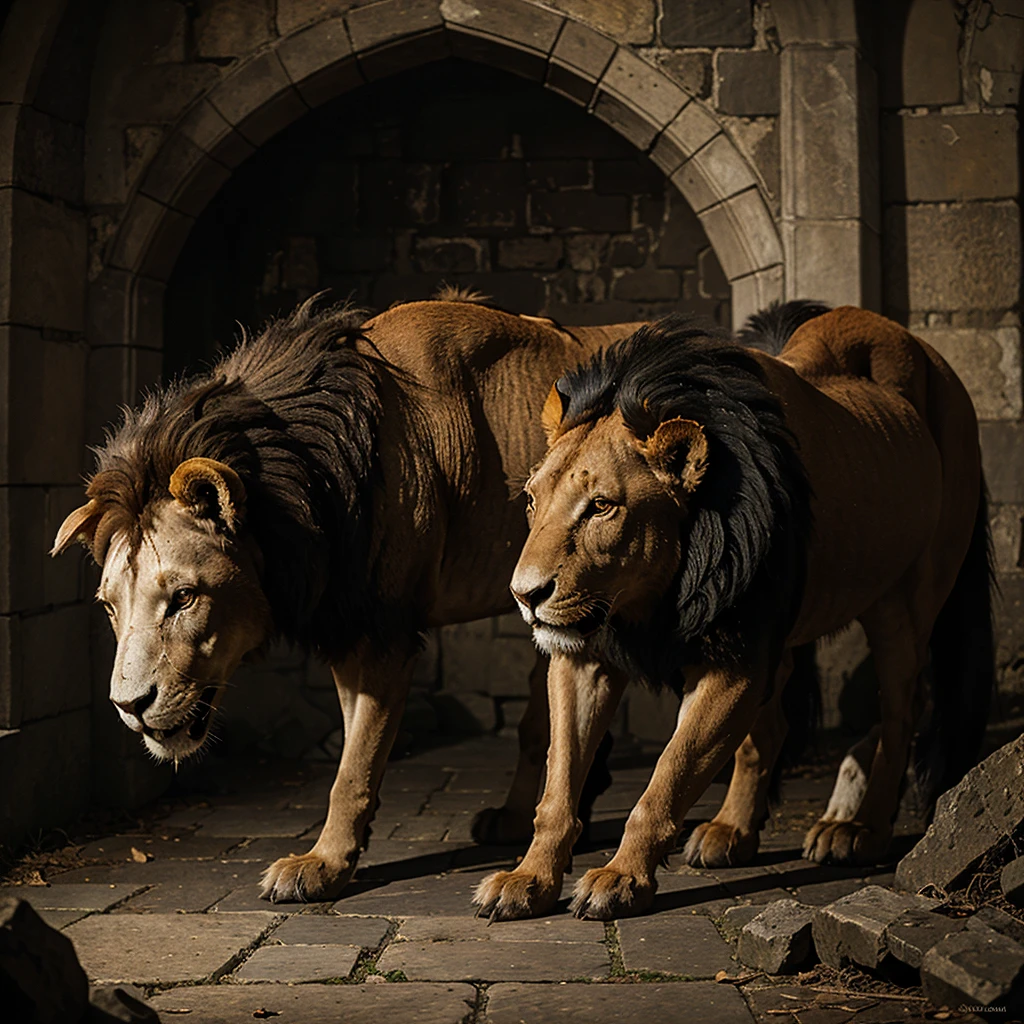 A CLASSIC MEDIEVAL DARK FANTASY PAINTING OF A RED LION EATING A LAMB 