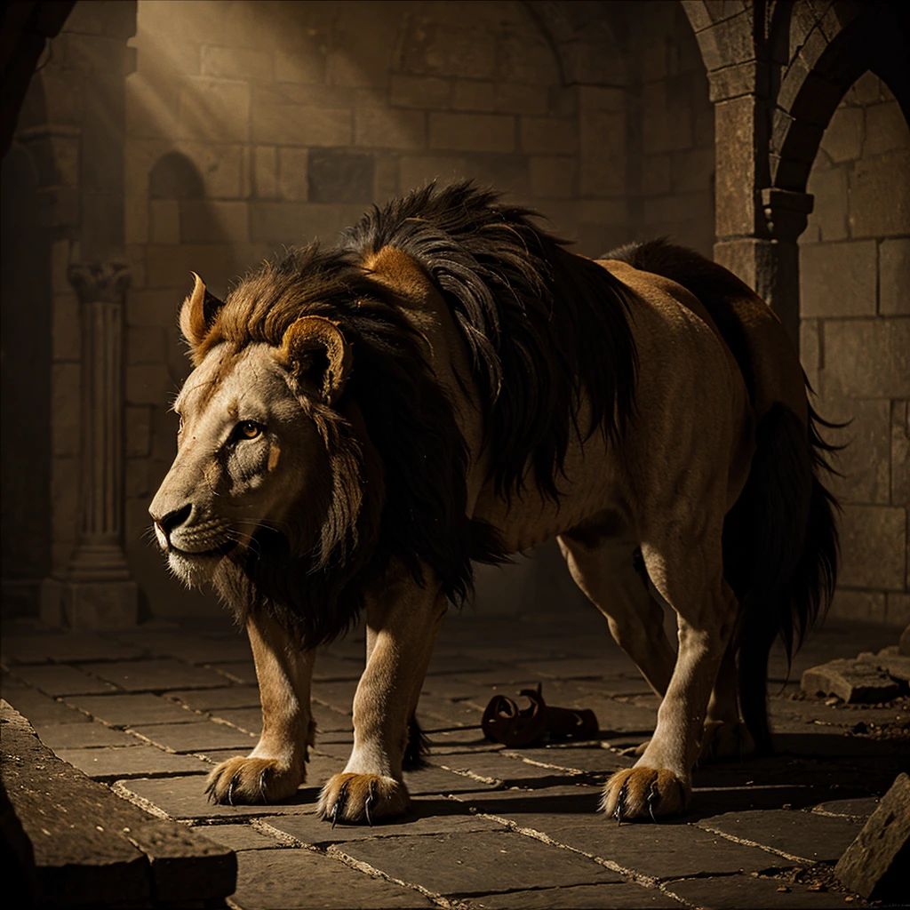 A CLASSIC MEDIEVAL DARK FANTASY PAINTING OF A RED LION EATING A LAMB 