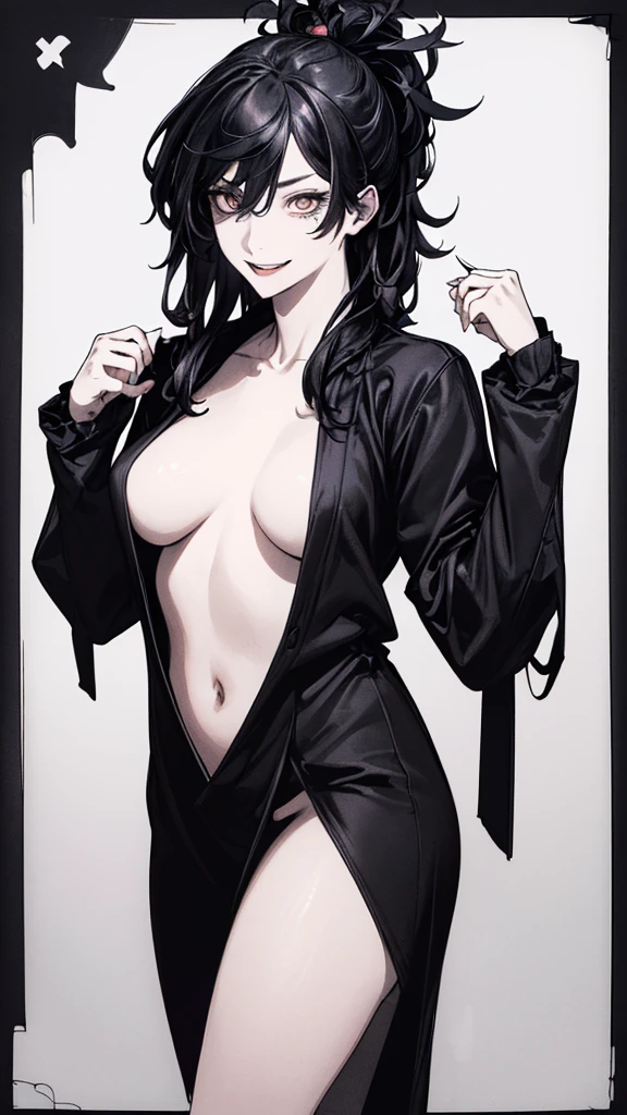 Best Quality, (Background Details), High Contrast, Very Beautiful Woman, Detailed Original Illustration, Functional, Ninja, Ninja Costume, Black Hair, Delicate Face, Charm, Bad Girl, Sexy, Real Breasts, Crazy Smile, Crazy Eyes, Black Background, (Black Background: 1.4) B&W, B&W Picture