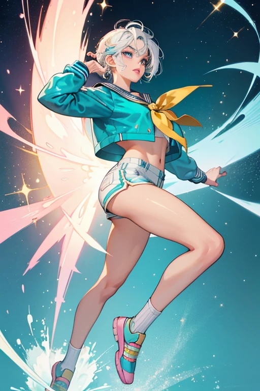 Captain B.B. has tan skin, blue eyebrows, blue, teal and white hair in a large swirl style, metallic teal eyes, and pale pink lips. She has a white and gold sailor jacket, and white short-shorts with gold trimmings. She has pink shoes. SPARKLE; GLITTER