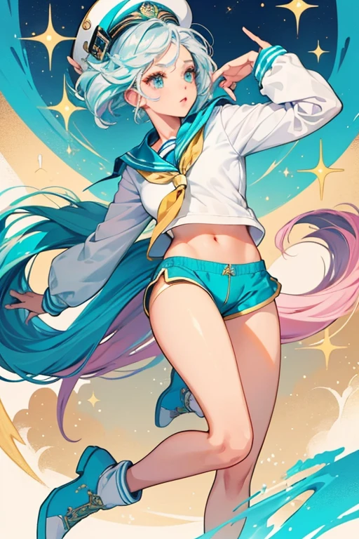 Captain B.B. has tan skin, blue eyebrows, blue, teal and white hair in a large swirl style, metallic teal eyes, and pale pink lips. She has a white and gold sailor jacket, and white short-shorts with gold trimmings. She has pink shoes. SPARKLE; GLITTER