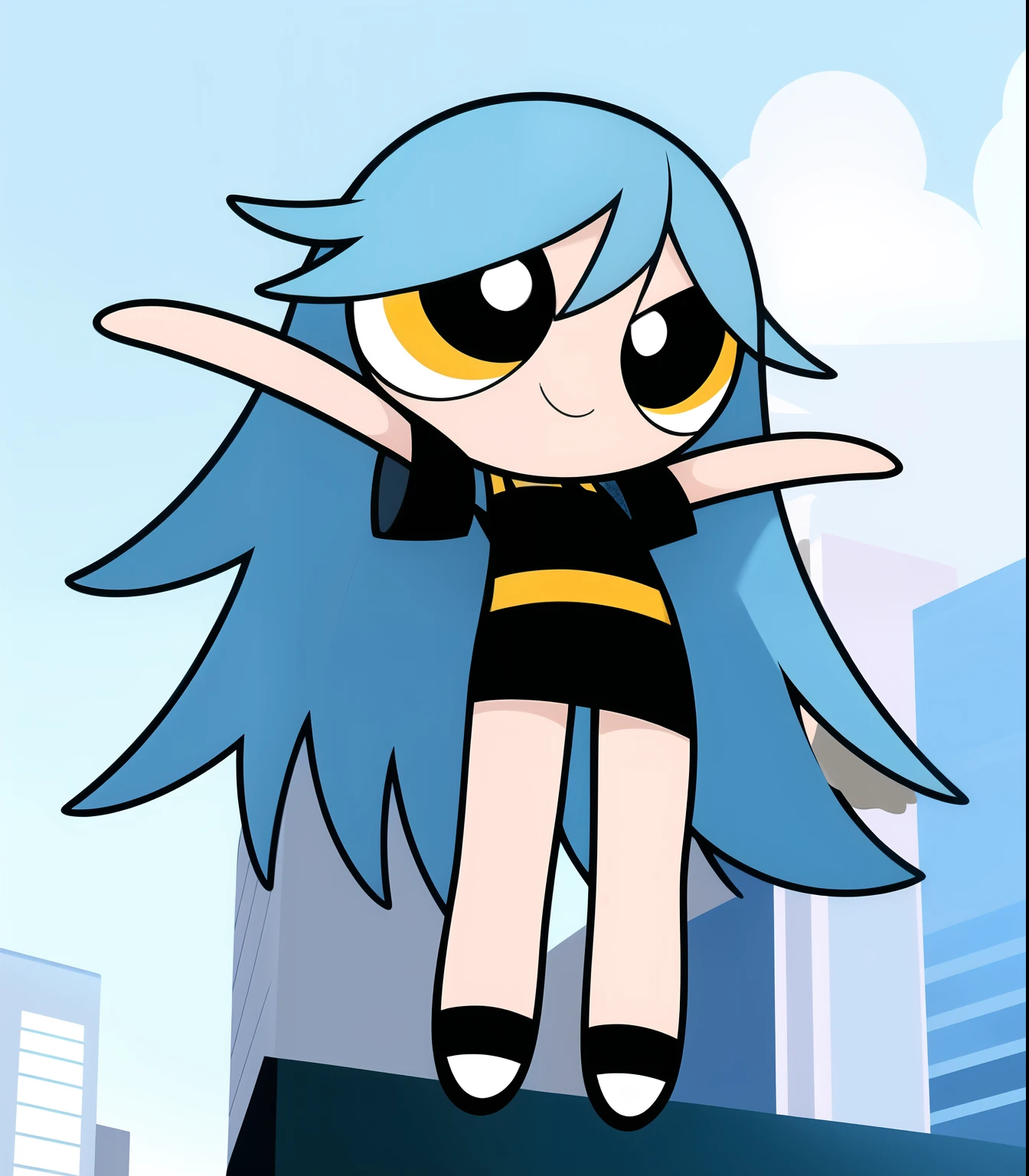 ((( blue sky long hair,))) smile, chibi, full body,1girl, yellow eyes, dress,