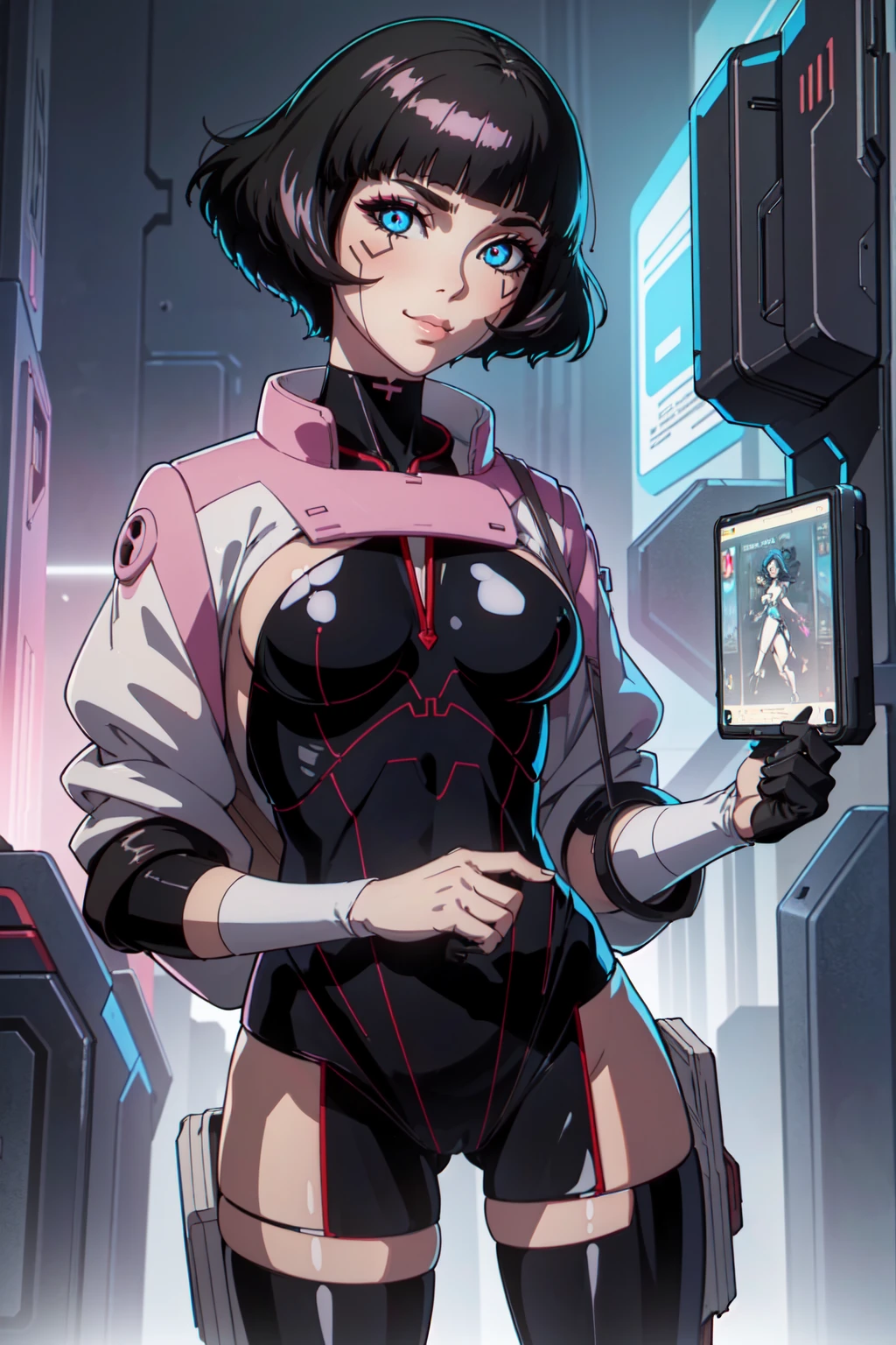 ((masterpiece, best quality))
EdgerunnersSasha, 1girl, black hair, short hair, blue eyes, cyberpunk, smile,   fantasy, intricate, elegant, highly detailed, digital painting, artstation, concept art, smooth, 8k, sharp focus, illustration, art by artgerm and greg rutkowski and alphonse mucha, dinamic poses