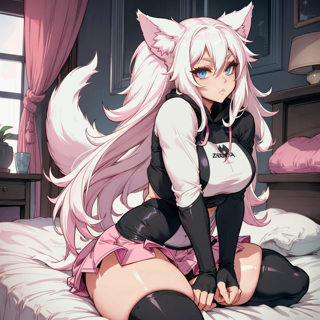 Single girl, Anime girl, Short, Long white hair, wolf ears, wolf tail, blue eyes, wearing cute pink skirt, thigh high socks, black combat boots, solo, large breasts, wide hips, thicc thighs, happy, yoga leggings, wearing cropped black hoodie, solo, alone, bedroom