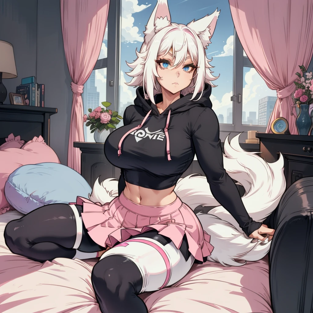 Single girl, Anime girl, Short, Long white hair, wolf ears, wolf tail, blue eyes, wearing cute pink skirt, thigh high socks, black combat boots, solo, large breasts, wide hips, thicc thighs, happy, yoga leggings, wearing cropped black hoodie, solo, alone, bedroom