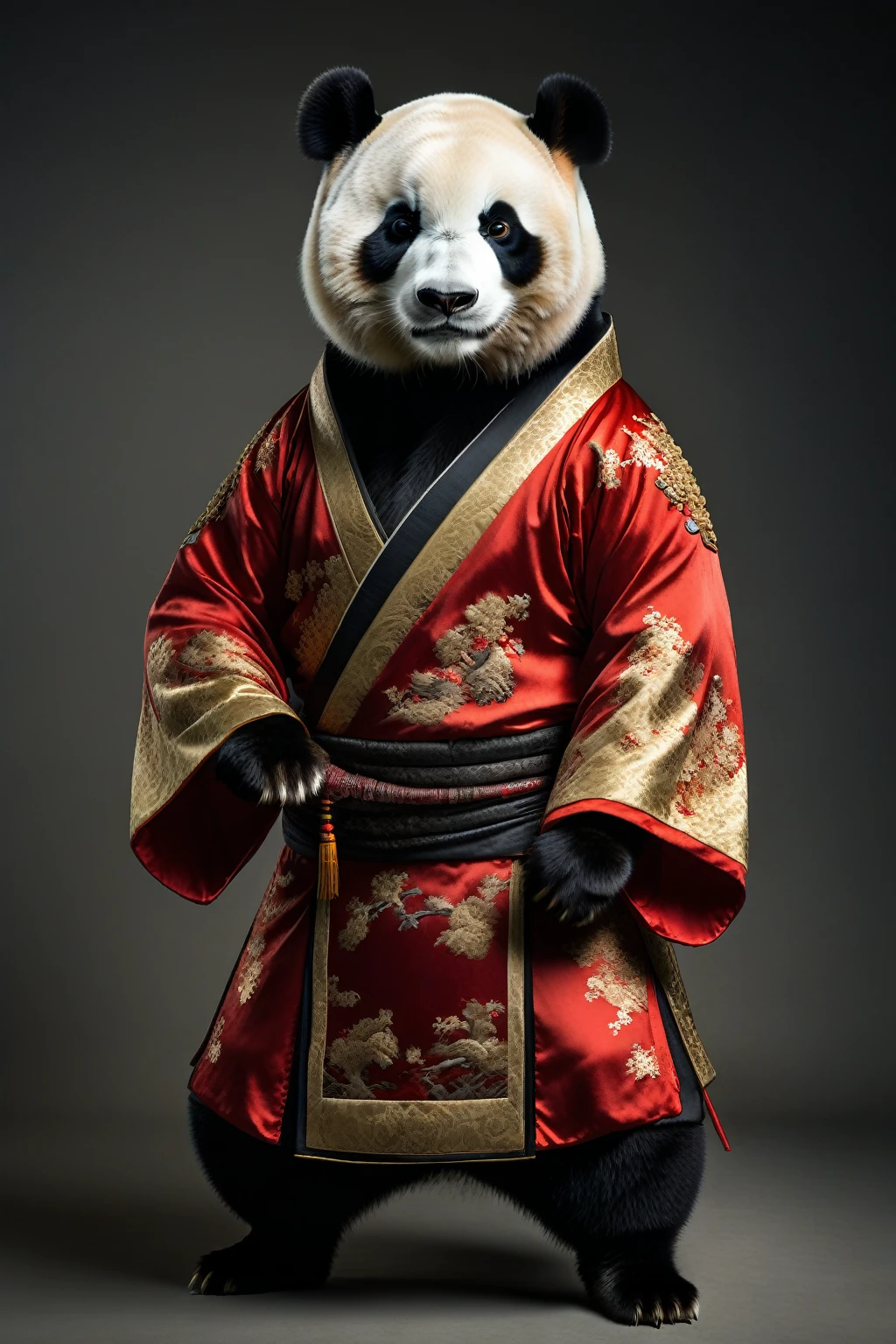 Anthropomorphic Panda, male, Full body portrait, Frontal lobe, Serious threatening posture, Surreal, Detailed fur texture, Sharp eyes, Serious expression, Studio Lighting, National Geographic style photos, 8k resolution, Very detailed, Clear focus, Textured fabrics,Wearing traditional Chinese clothing，Traditional Chinese Kung Fu Clothing，Tang Suit，Tang Dynasty martial arts clothes
