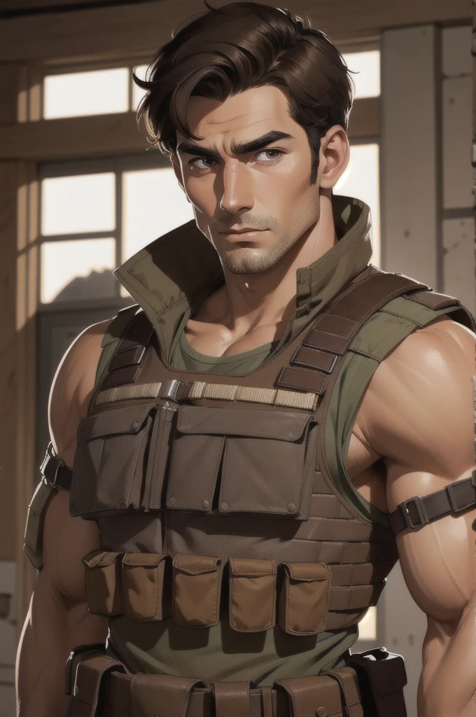 british man, short dark brown hair, and deep brown eyes. milky skin, wear a military uniform, bulletproof vest, looks manly.