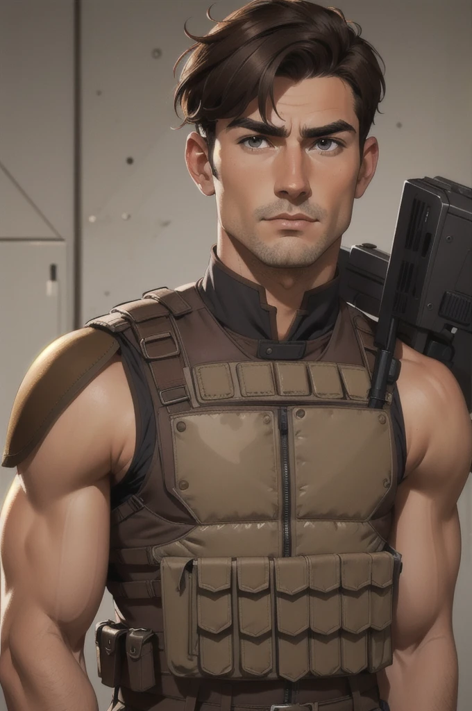 british man, short dark brown hair, and deep brown eyes. milky skin, wear a military uniform, bulletproof vest, looks manly.