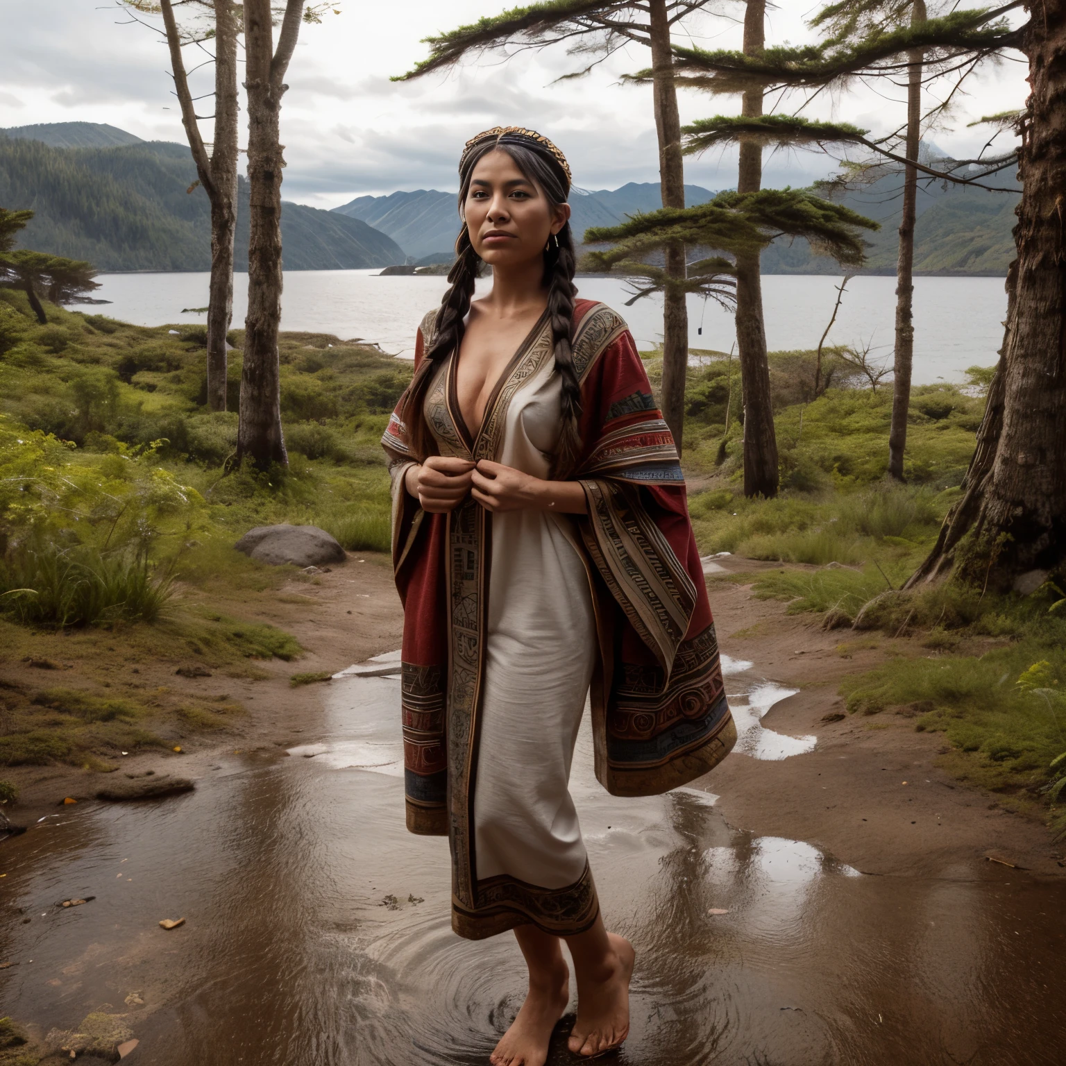 July - Haida Gwaii, Canada A woman named LaGermania poses for a chic calendar photoshoot on a remote island in Haida Gwaii, Canada during July. She stands amidst ancient rainforests and rugged coastlines, with mist-shrouded mountains and temperate beaches stretching to the horizon. LaGermania wears a traditional Haida robe in hues of cedar bark brown and Pacific blue, its woolen fabric and native art motifs reflecting the cultural heritage of Canada's Haida First Nations. The Haida robe's draped design and carved buttons create a silhouette that resonates with the natural rhythms of the Pacific Northwest. Her hair, styled in a braided crown adorned with eagle feathers, adds a touch of indigenous elegance to her ensemble. LaGermania's pose is dignified yet connected to nature, one hand lightly resting on a weathered totem pole while the other holds a woven cedar bark basket, its intricate weave showcasing local craftsmanship. The scene captures the spiritual beauty of Haida Gwaii's remote islands and the artistic legacy of North America's indigenous cultures, where each detail—from the Haida robe to LaGermania's serene expression—invites viewers to explore the mysteries of Canada's coastal rainforests.