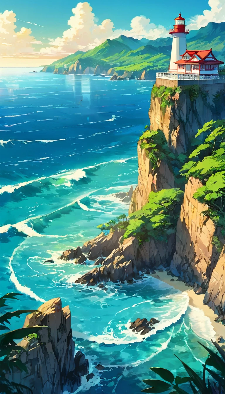 The ocean is right in front of you、Tropics、Ocean、ocean shore、cliff、Bungalow、Resort、turquoise blue、Emerald green、sunshine、water surface、rock、cloud、blue sky、buzzer、Paradise、beautiful、vivid、nature、trip、vacations、beautiful Anime Scenery, Landscape painting, Lighthouse, Beautiful digital painting, andreas rocha, Beautiful artwork illustration, Awesome Wallpapers, Raymond Han, tall beautiful painting, Studio Greebly New Ocean Makoto, Beautiful Wallpaper, Anime Scenery