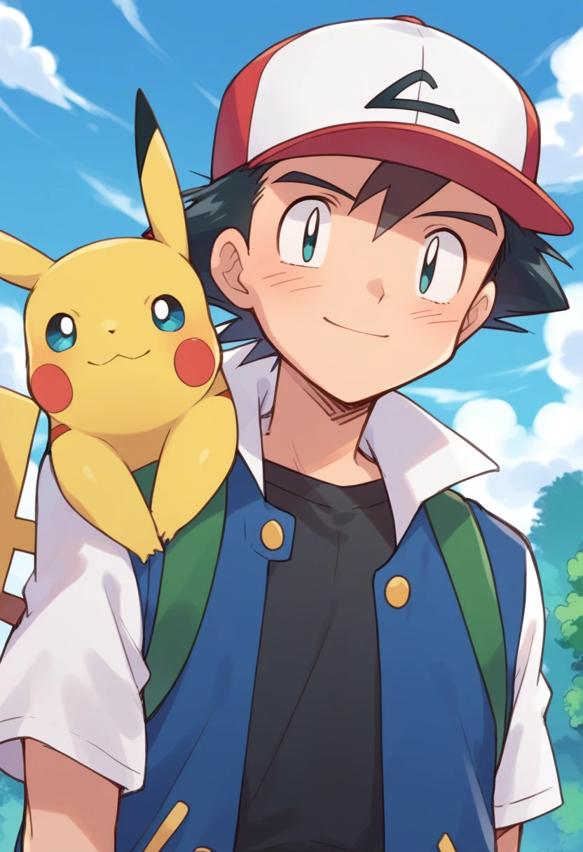 score_9, score_8_up, source_anime, highly detailed, 1boy, solo, skinny ash3, 1boy, pokemon (creature), hat, male focus, baseball cap, black hair, day, on shoulder, jacket, shirt, black shirt, sky, pokemon on shoulder, smile, outdoor,