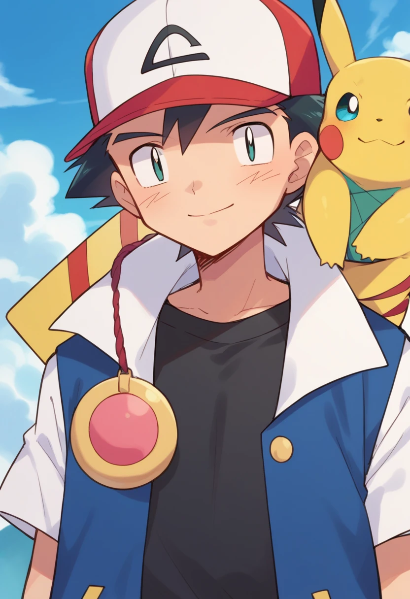 score_9, score_8_up, source_anime, highly detailed, 1boy, solo, skinny ash3, 1boy, pokemon (creature), hat, male focus, baseball cap, black hair, day, on shoulder, jacket, shirt, black shirt, sky, pokemon on shoulder, smile, outdoor,