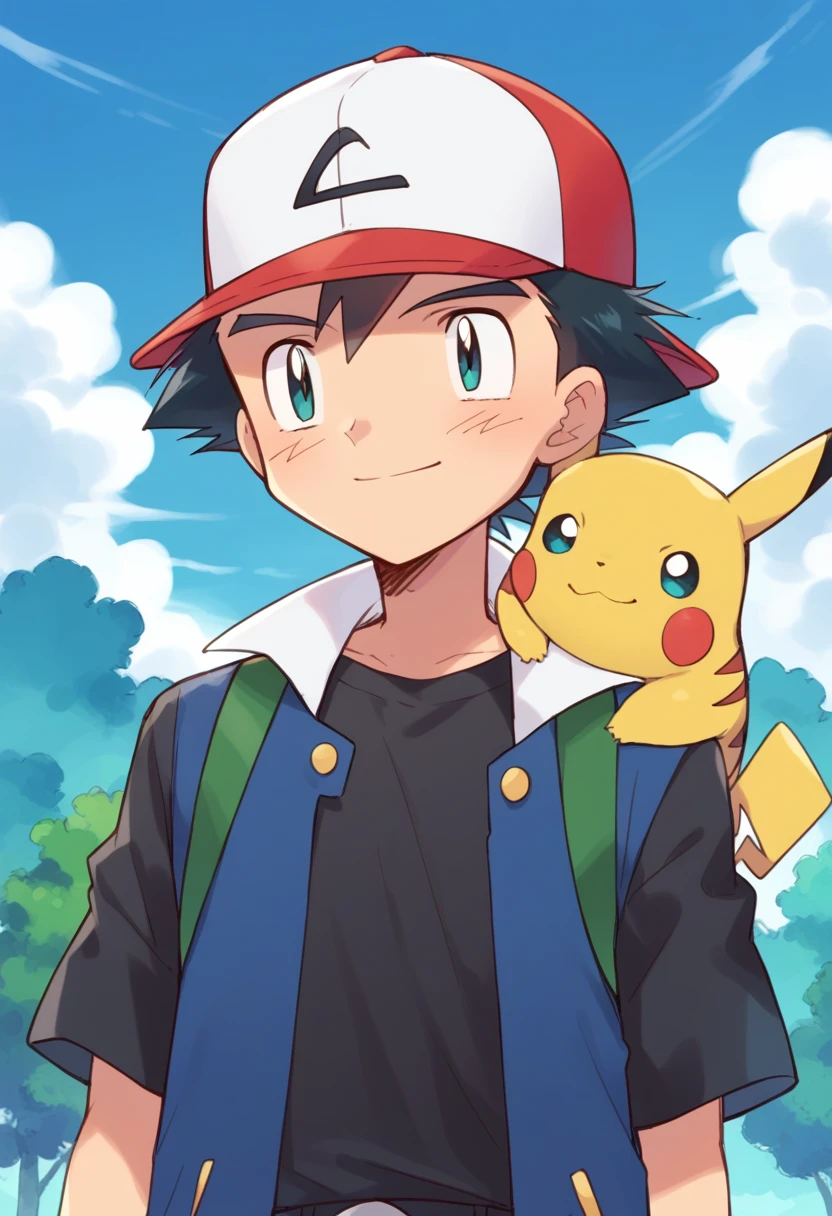 score_9, score_8_up, source_anime, highly detailed, 1boy, solo, skinny ash3, 1boy, pokemon (creature), hat, male focus, baseball cap, black hair, day, on shoulder, jacket, shirt, black shirt, sky, pokemon on shoulder, smile, outdoor,