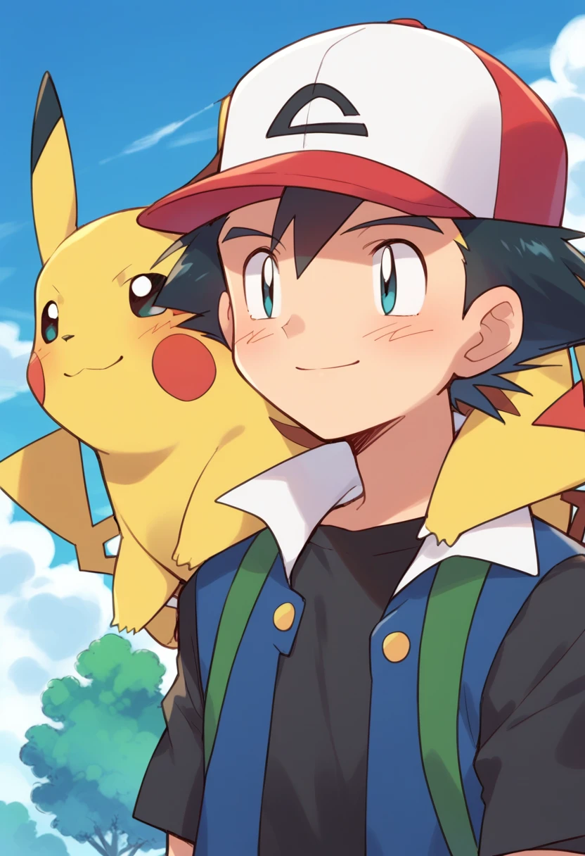 score_9, score_8_up, source_anime, highly detailed, 1boy, solo, skinny ash3, 1boy, pokemon (creature), hat, male focus, baseball cap, black hair, day, on shoulder, jacket, shirt, black shirt, sky, pokemon on shoulder, smile, outdoor,