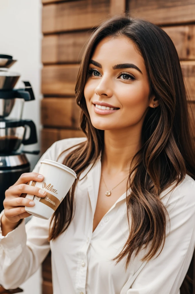 Beautiful woman drinking wellness brand coffee