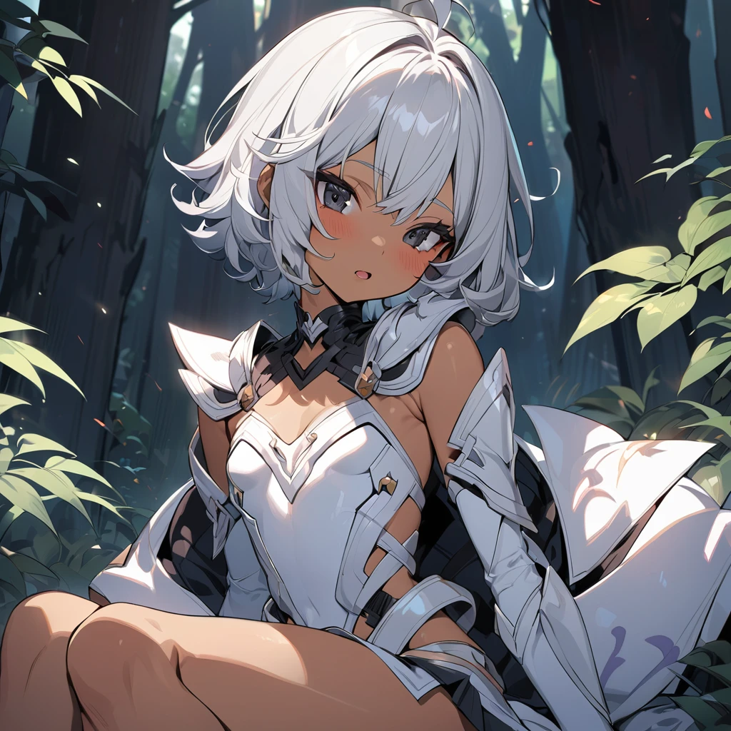 (anime style),masterpiece, best quality, extremely detailed,18Years old,tanned skin,dark skin, Beautiful body,tiny body,soft breasts press,BREAK,multicolored colorful white hair,shaggy hair,very short hair,BREAK,black eyes,black choker,dignified face,open mouth,detailed lips,,BREAK,bruma with vertical stripes,Princess knight light armor,break,head tilt,in the woods,sitting back,